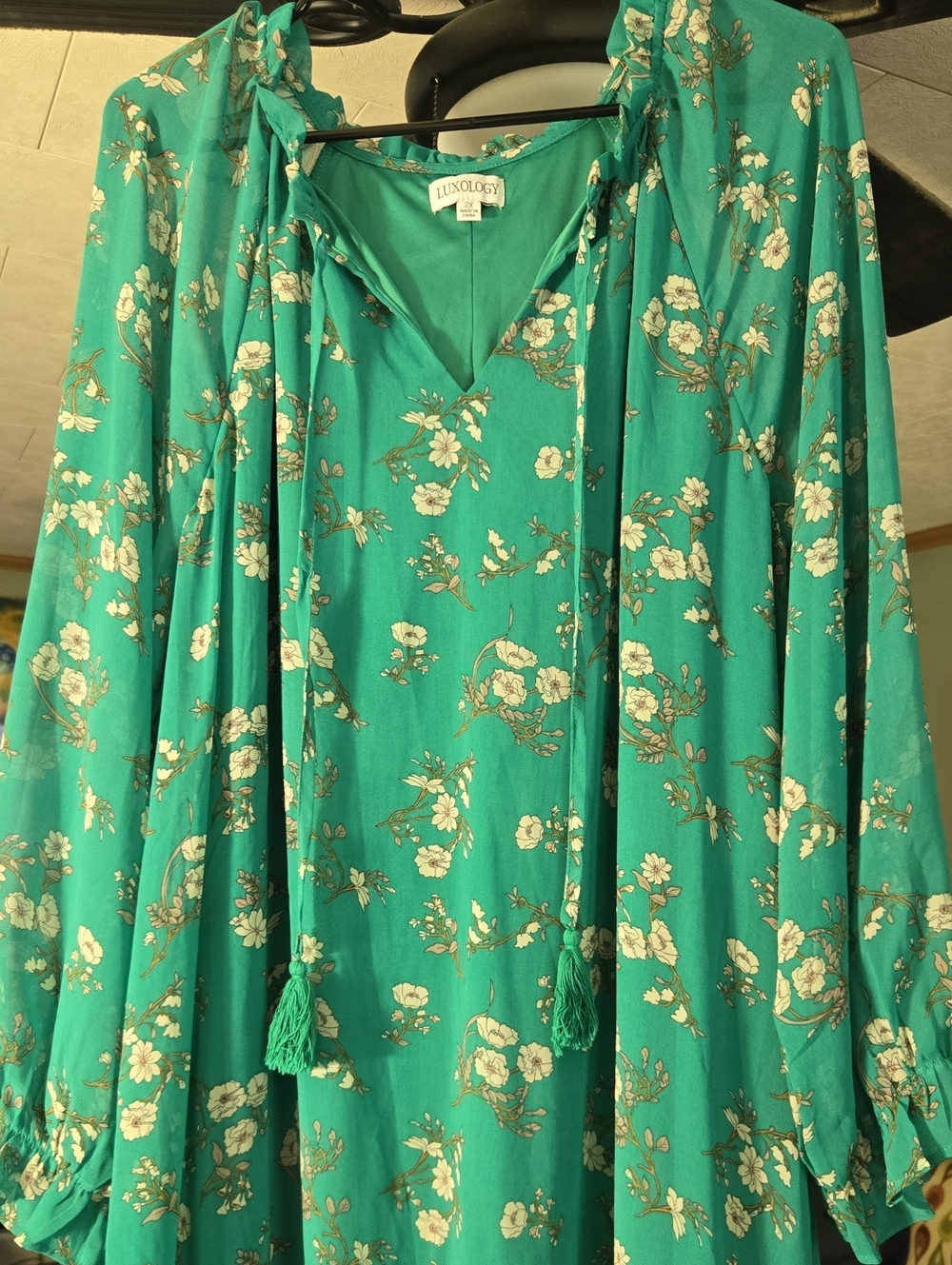 Luxology Teal Floral V-Neck Tassel-Tie Tunic